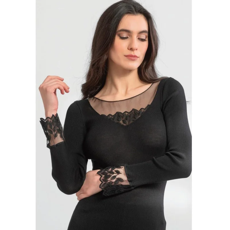 Moretta Manches Longues Laine Et Soie Col V Feuilles 2 Moretta Manches Longues Laine Et Soie Col V Feuilles – Image 2