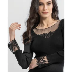 Moretta Manches Longues Laine Et Soie Col V Feuilles