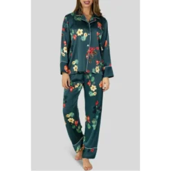 Pyjama HN Satin Imprimé Fleurs Verdies -Chantelle Soldes Magasin pyjama hn satin imprime fleurs verdies 1 2