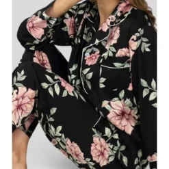 Pyjama HN Satin Noir à Fleurs