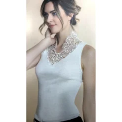 Top Col Laine Et Soie Col V Dentelle Crochet